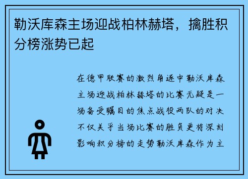 勒沃库森主场迎战柏林赫塔，擒胜积分榜涨势已起