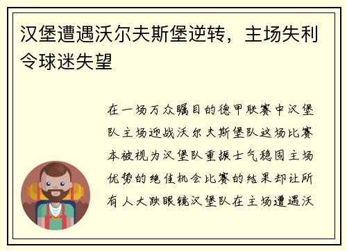 汉堡遭遇沃尔夫斯堡逆转，主场失利令球迷失望
