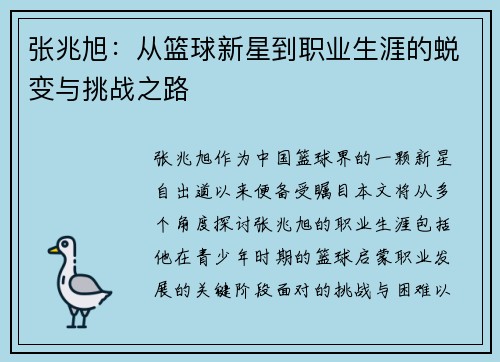 张兆旭：从篮球新星到职业生涯的蜕变与挑战之路