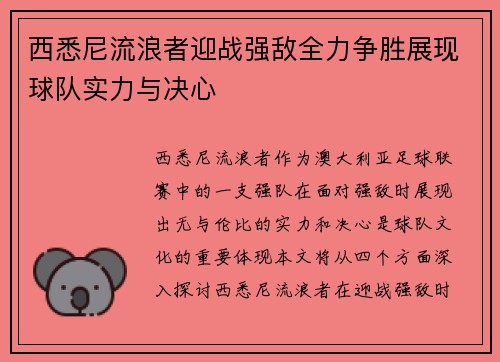 西悉尼流浪者迎战强敌全力争胜展现球队实力与决心