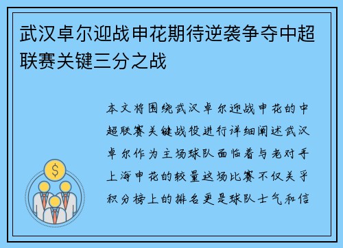 武汉卓尔迎战申花期待逆袭争夺中超联赛关键三分之战