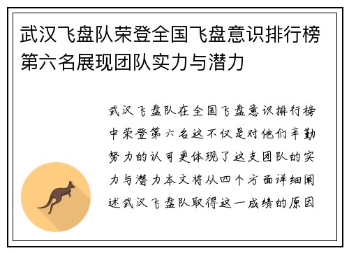 武汉飞盘队荣登全国飞盘意识排行榜第六名展现团队实力与潜力