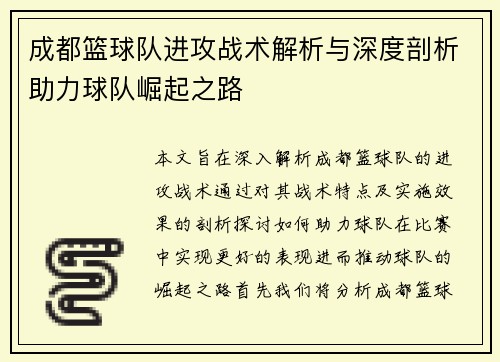 成都篮球队进攻战术解析与深度剖析助力球队崛起之路